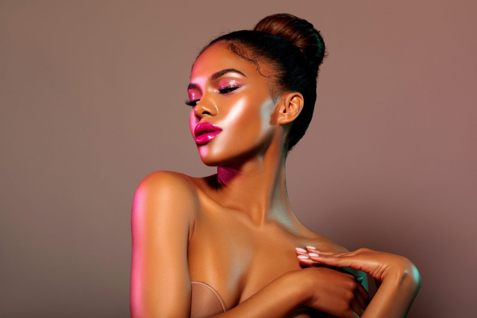 Beauty portrait fashion girl with color lighting filters. Beauty girl face close up. Closeup African American woman with copy space. Neon light blue and pink color. - image.